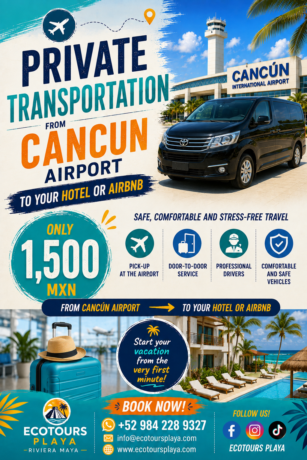Transport privé aller-retour vers l'aéroport de Cancun