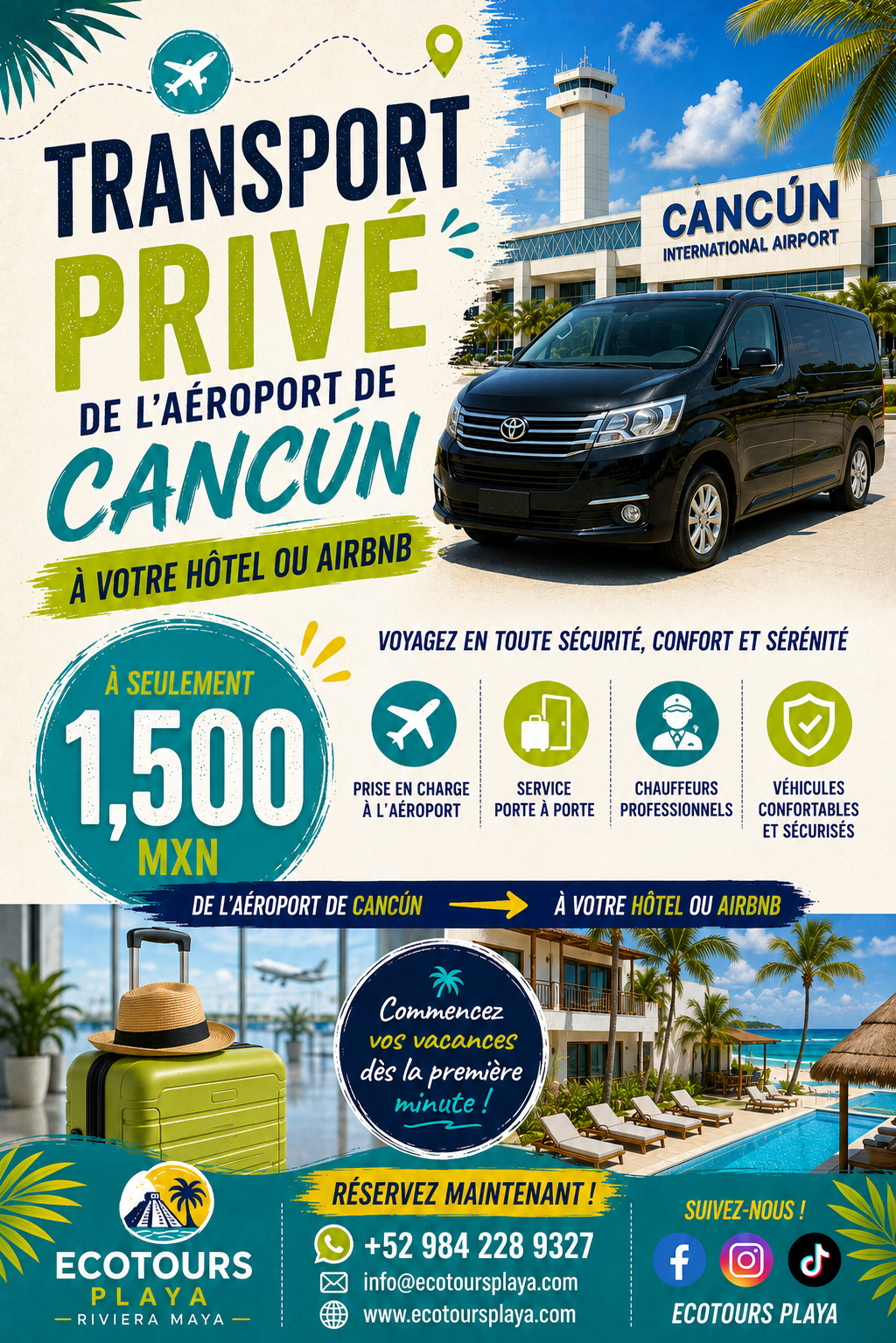 Transport privé aller-retour vers l'aéroport de Cancun